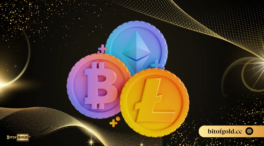 Bitcoin and Litecoin coin icons floating against a dark gold background, representing crypto deposit options.