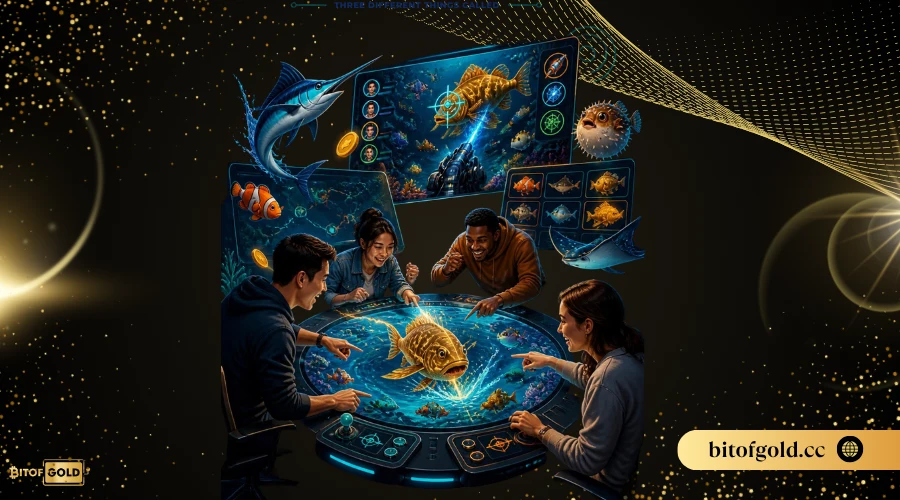 Illustration of two people looking into a glowing chest filled with fish and underwater creatures, representing the game variety found on platforms like Game Vault.