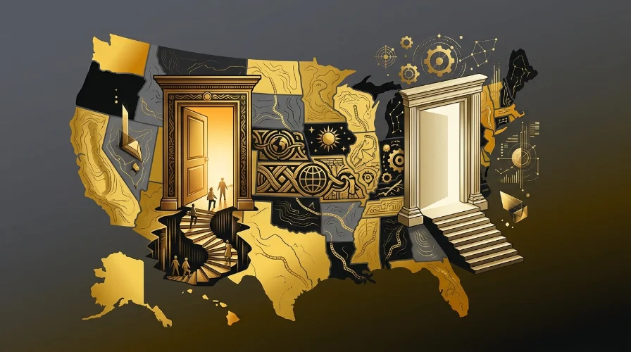 Collage illustration of desert-toned buildings, staircases, and an open doorway, representing where 18-year-olds can legally gamble.