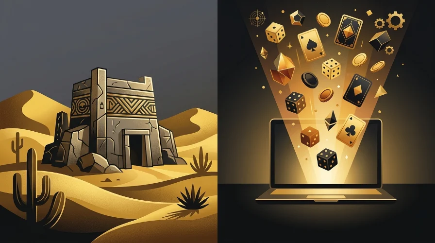Illustration of a desert temple structure beside falling gem and coin icons, representing age-restricted gaming venues.