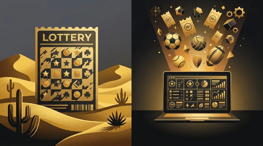 Illustration of a lottery ticket beside a laptop displaying gaming icons, set against a desert background, representing gaming options available at 18.