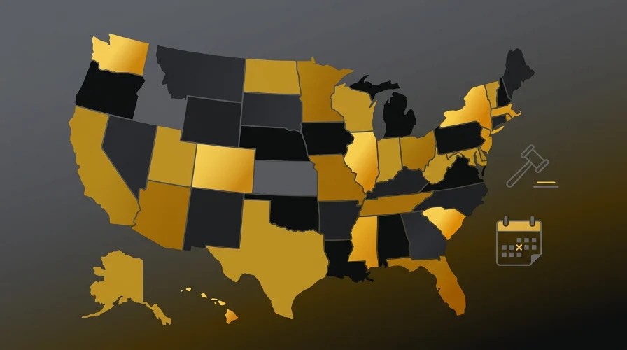 Illustration of a United States map in gold and black tones beside a calendar icon, representing state-by-state gambling age requirements.