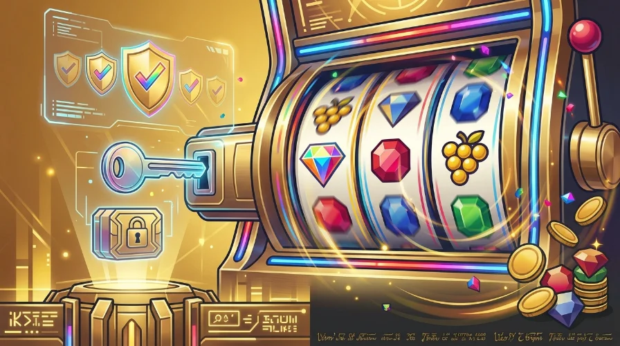 Illustration of a slot machine displaying gem and fruit symbols beside a glowing key and scattered gold coins, representing the best online gaming bonuses.