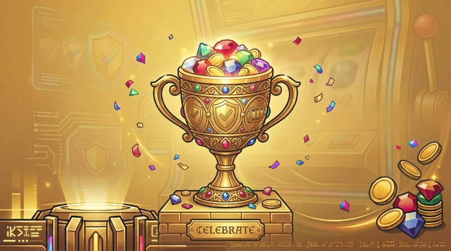 Illustration of a golden trophy surrounded by gems and scattered coins, representing the top-rated online gaming bonus offers.