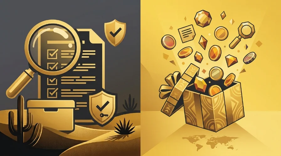Illustration of a magnifying glass and shield beside an open gift box releasing sparkles and coins, representing how to evaluate online gaming bonuses.