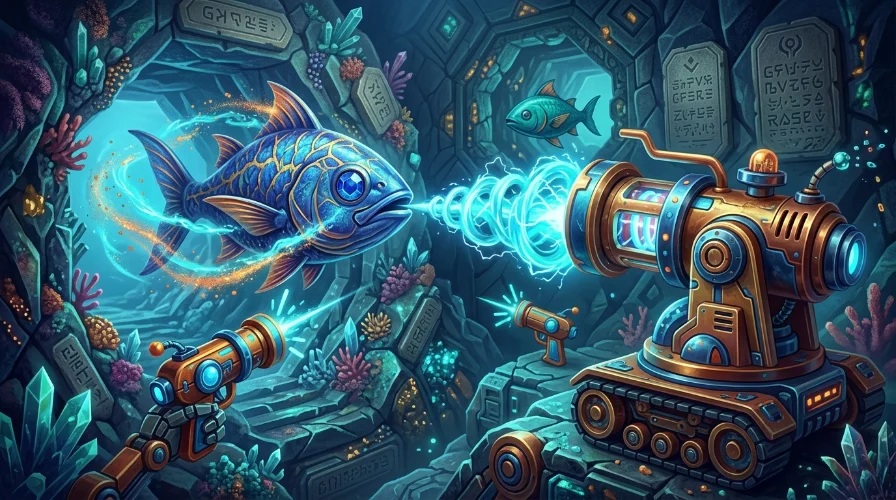Illustration of a glowing blue fish swimming toward a futuristic cannon, representing gameplay tips for Fire Kirin.