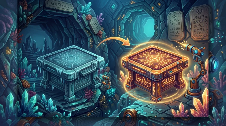 Illustration of a glowing treasure chest inside an underwater cave, representing bonus rewards in Fire Kirin.