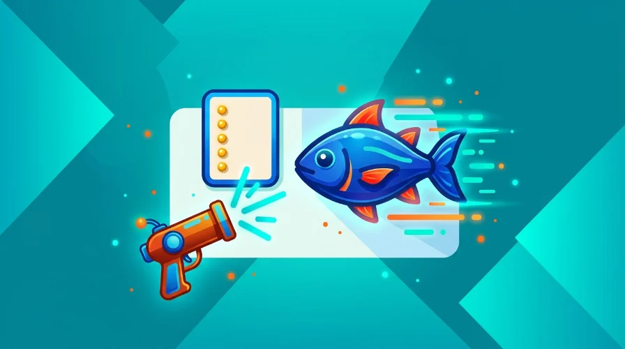 Illustration of a cannon firing at a fish icon on a teal background, representing the core shooting mechanic in Fire Kirin.