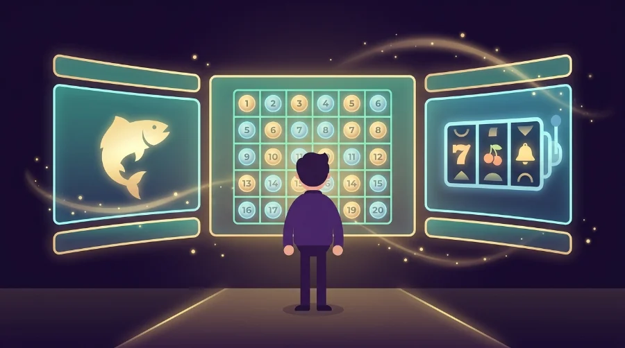 Illustration of a person standing before a glowing fish icon, a grid of dots, and a slot machine icon, representing the range of games found on platforms similar to Milky Way.