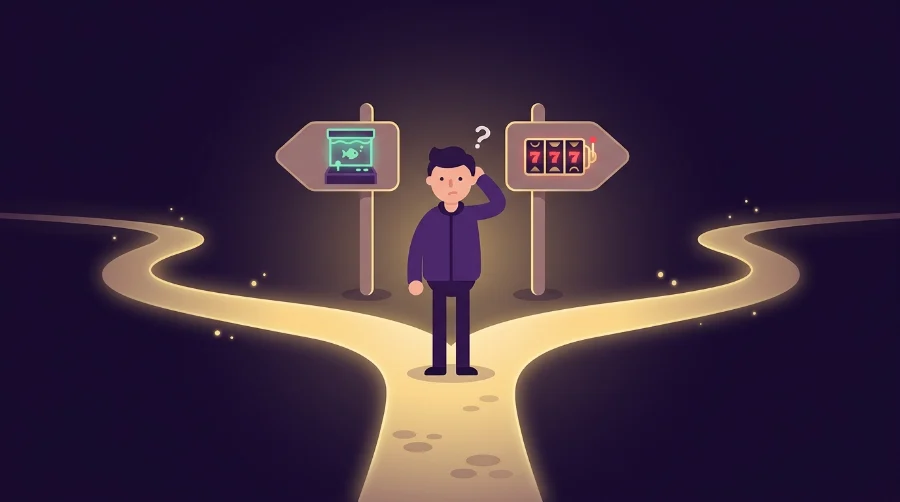 Illustration of a person standing at a forked path with two glowing signposts on a dark purple background, representing a choice between platforms similar to Milky Way.