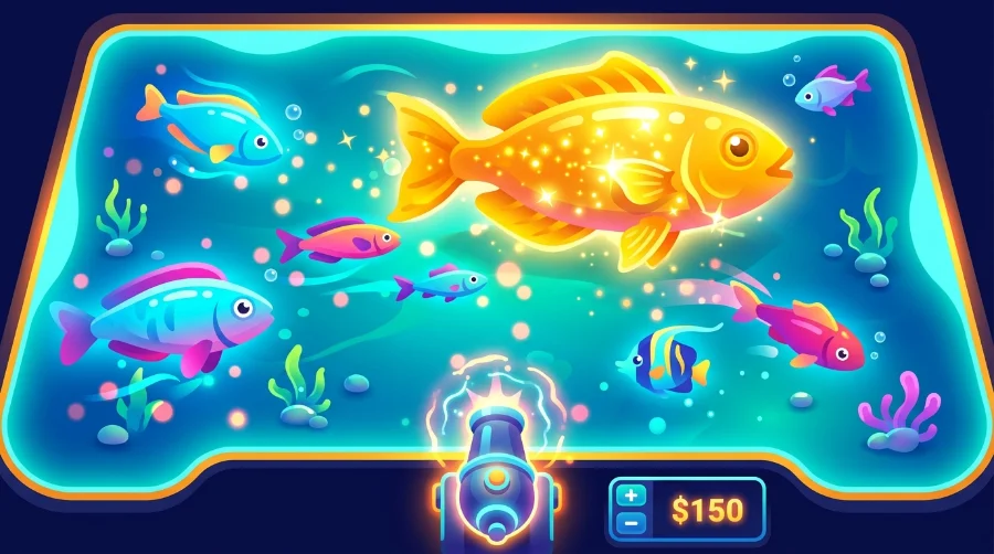 Illustration of a large goldfish and smaller colorful fish swimming near a glowing lock icon and a "$150" value tag, representing fish values and session budgeting in Fire Kirin.