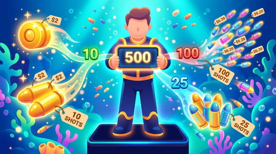 Illustration of a person surrounded by flying gold coins and credit values including "500," "10," "100," and "25," representing bullet value and credit costs in Fire Kirin.