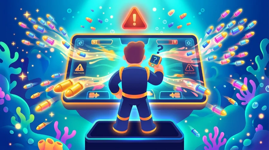 Illustration of a person standing before a glowing screen displaying a warning triangle and smartphone icon, set against a coral reef background, representing caution while learning to play Fire Kirin.