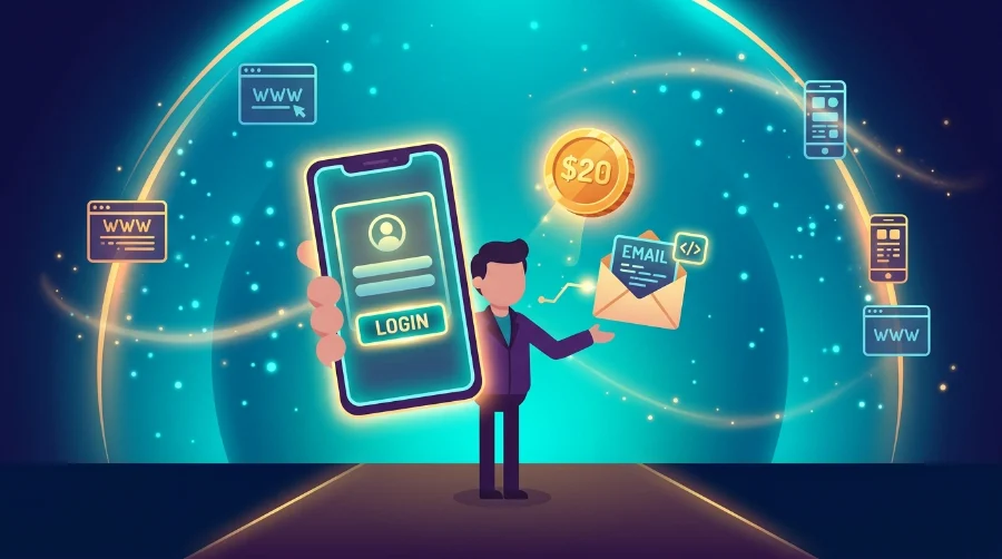 Illustration of a person holding a glowing smartphone displaying a login verification icon, with a circular golden glow behind them, representing the Fire Kirin login process.