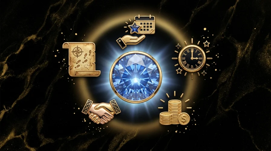 Illustration of a clock, globe, and handshake icon surrounded by coins, representing the terms and timing of no-deposit bonus codes.