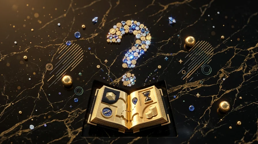 Illustration of an open book with a large glowing question mark and scattered gems, representing common questions about no-deposit bonus codes.