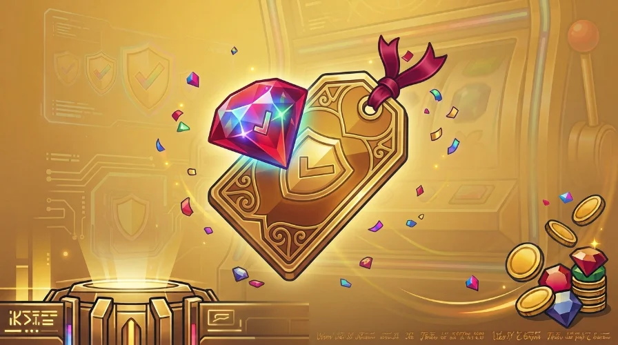 Illustration of a diamond gem beside a price tag and gift bow, representing the value of real-money no-deposit bonus codes.