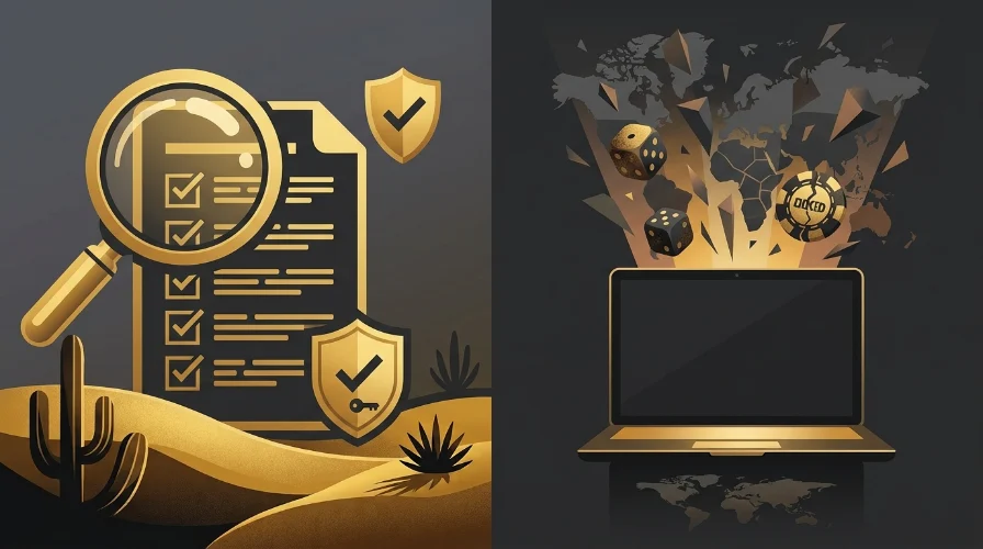 Illustration of a magnifying glass and shield beside a checklist and laptop, representing how to verify age requirements at gaming venues.