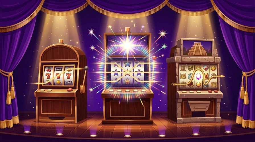Illustration of three slot cabinets on a purple velvet stage, a retro three-reel, a modern video slot and a themed adventure slot, representing the main types of social casino slots