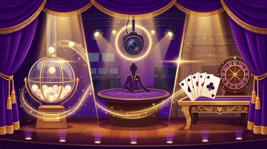 Illustration of a keno ball cage, a live dealer table under studio lights, and a card table with a wheel, representing keno, live and table games