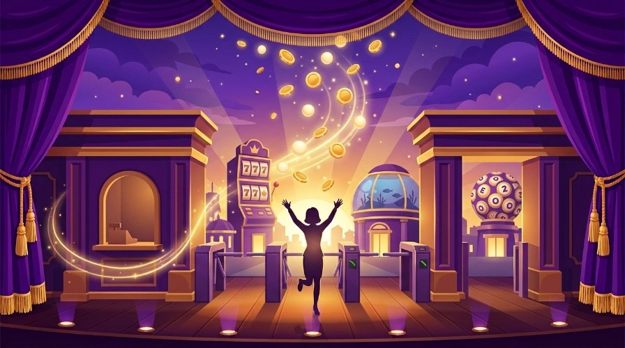 Illustration of a stage with a person raising their arms as golden tokens shower down, representing free social casino games you can start without a purchase