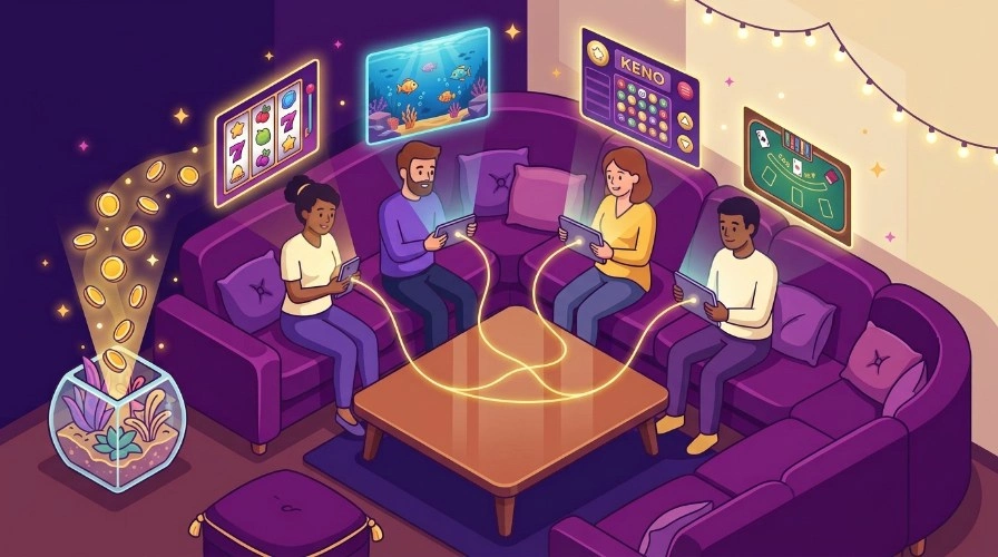 Illustration of friends on a purple sofa playing on phones and tablets with floating game screens above them, representing how social casino games are played together for entertainment