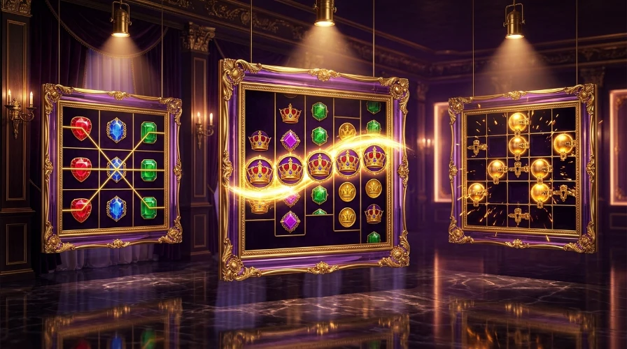 Three framed slot windows in a lit gallery hall comparing paylines, Megaways reels and hold and win locked symbols