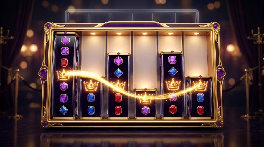 Megaways slots reels of different heights inside a gold frame, with a golden light trail sweeping across matching crown symbols to show how ways are counted