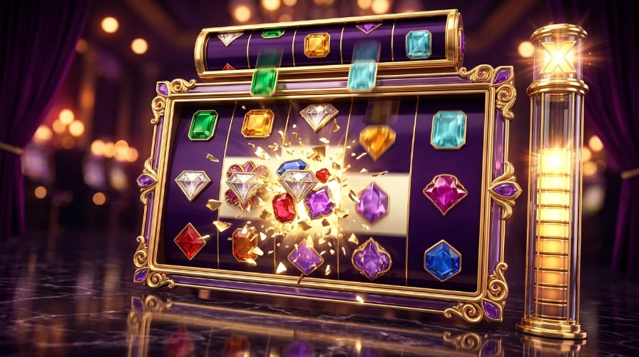 Megaways slots reel window in a gold frame mid-cascade, with winning gem symbols bursting into golden light, an extra reel above the grid and a glowing multiplier meter beside it