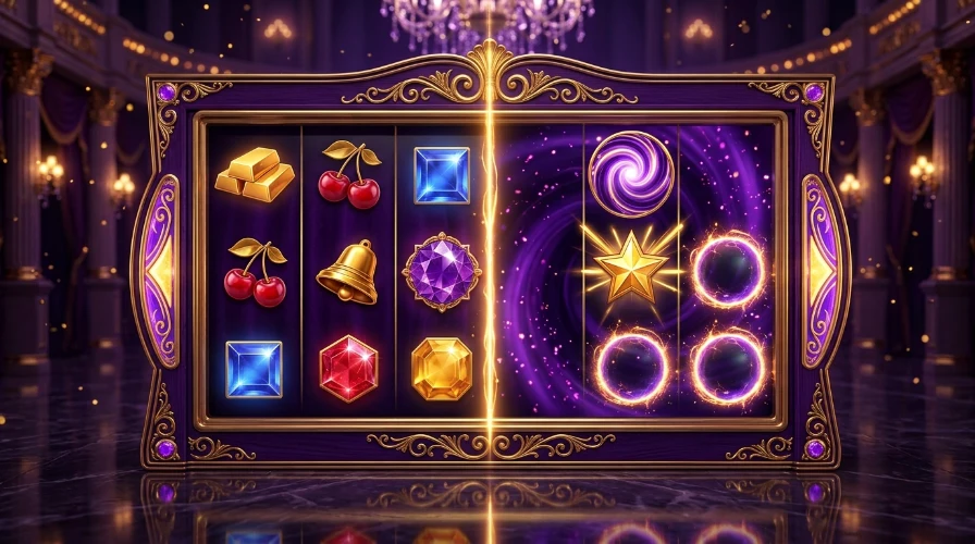 Slot reel window split between regular paying symbols like cherries and bells and special wild, scatter and bonus symbols