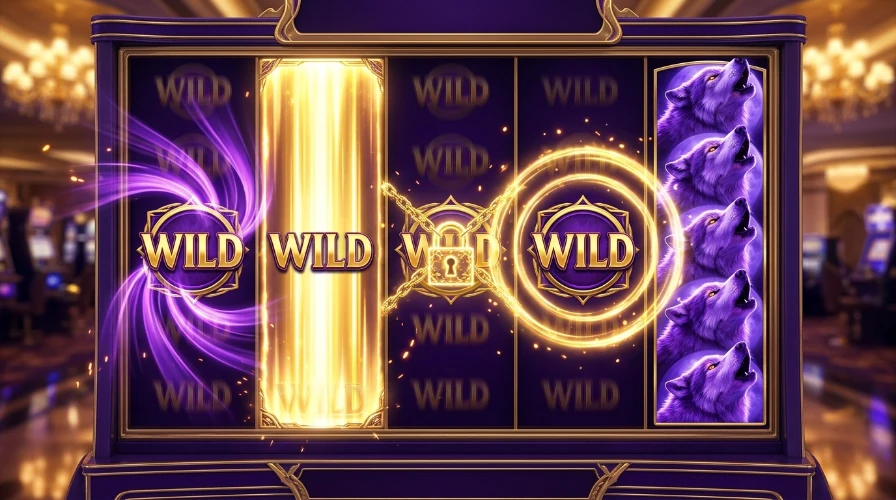 Five-reel slot showing wild symbol variants including an expanding wild column, sticky wild and stacked wild in purple and gold