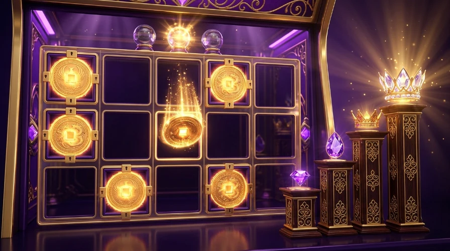 Hold and win slot bonus grid with locked gold coin symbols, respin lights and jackpot tier gems on pedestals
