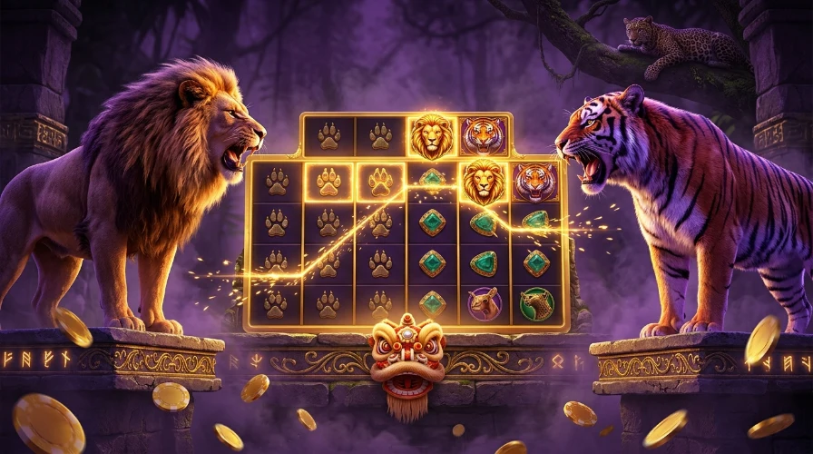 a roaring lion and a tiger face each other on either side of a glowing golden slot reel display with uneven-height reels, with a leopard watching from the shadows behind.