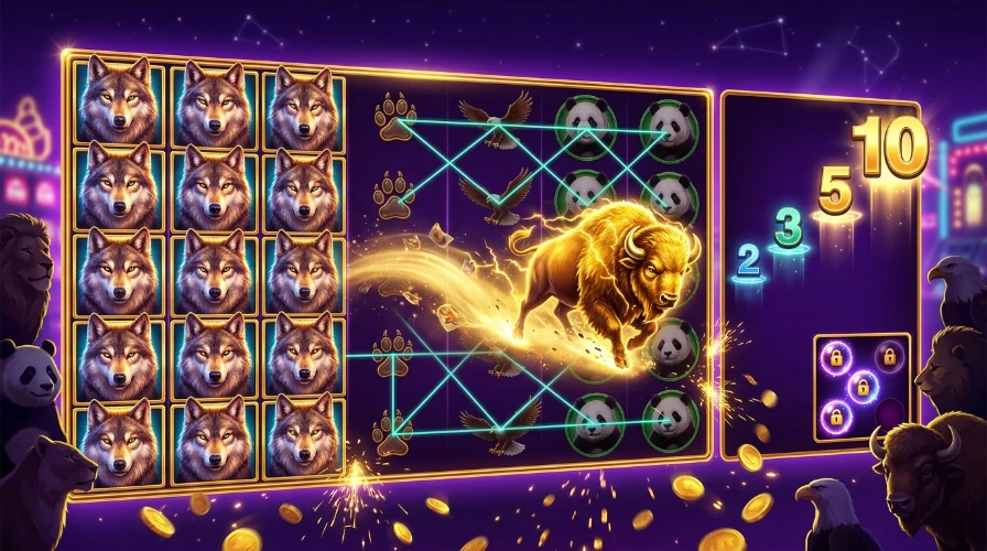 glowing slot reel grid with a column of stacked wolf symbols, a golden wild buffalo charging across the reels, and a rising row of multiplier numbers beside it.