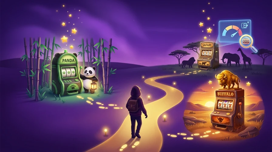 a golden path winds through a purple twilight landscape past buffalo, panda and safari slot machines, with a player’s silhouette walking toward them and a floating gauge icon nearby.