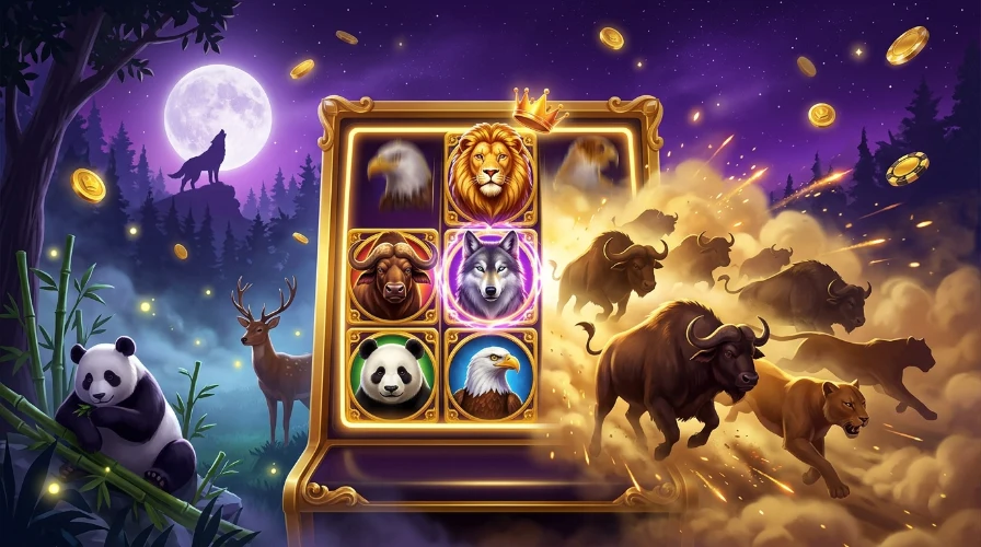 golden-framed slot machine on a moonlit forest edge, with a lion, wolf, panda and buffalo symbols on the reels, a calm panda and deer on one side and a buffalo stampede charging out in golden dust on the other.