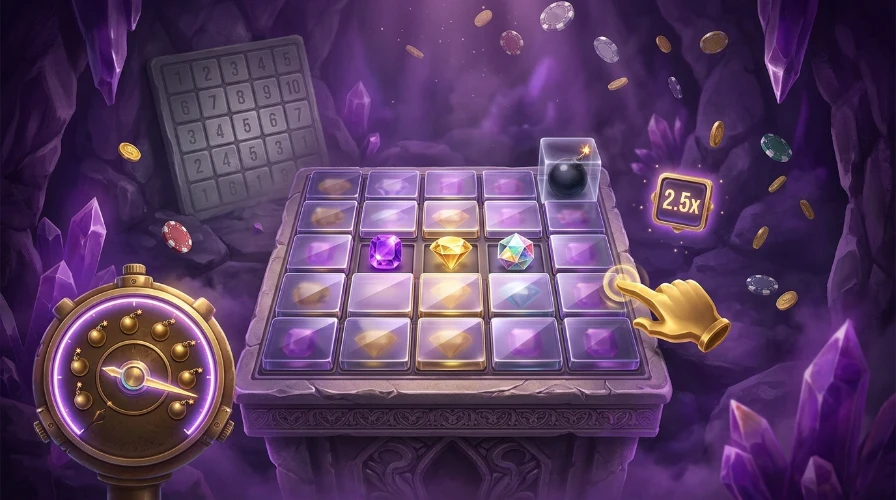 a five-by-five board of violet tiles on a stone altar in a crystal cave, with a few tiles open on gems, a dial for setting the number of mines and a hand cursor about to tap a tile.