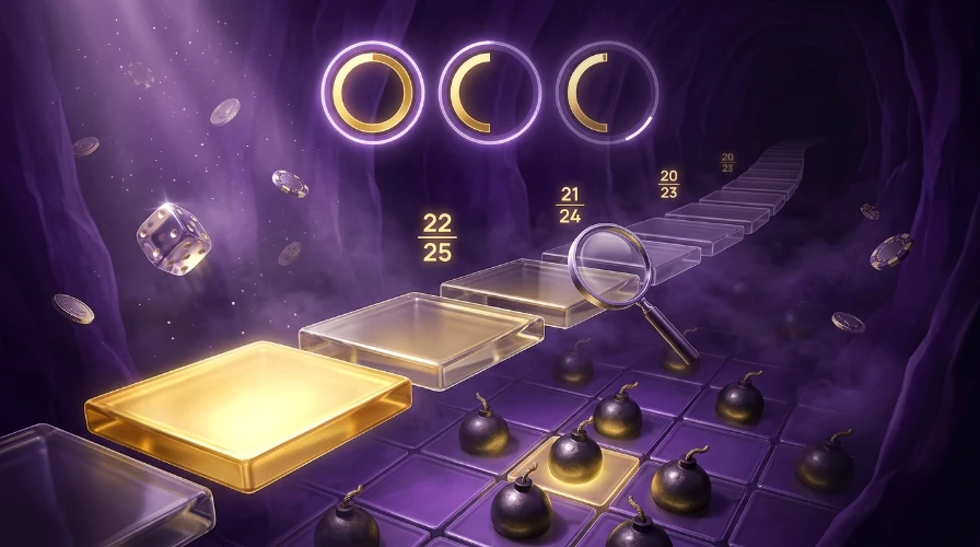 a path of glass tiles over a dark chasm, getting dimmer step by step, with a magnifying glass and glowing rings above it to show the chance of a safe pick shrinking.