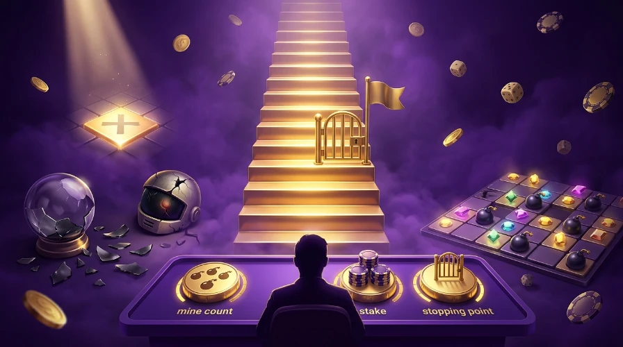 a player at a control table with three dials in front of a glowing staircase and a golden gate, with a broken crystal ball and a cracked bot helmet on one side.