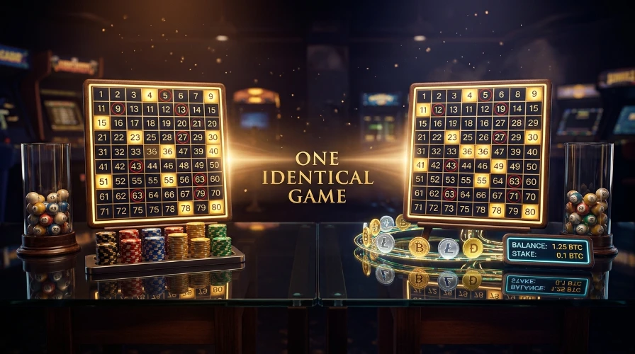 Two identical keno boards side by side, one funded with chips and one with crypto coins, showing Bitcoin keno is the same game
