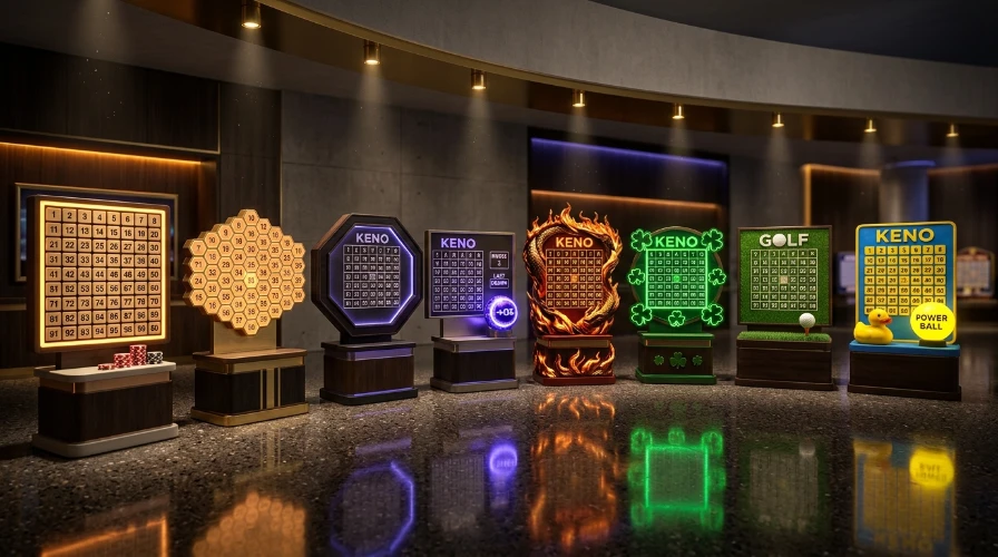 Gallery of lit keno boards in different formats, including square, hexagon, octagon and themed layouts