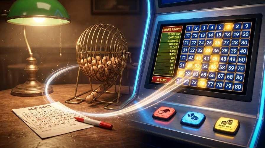 Paper keno ticket and ball cage beside a modern video keno screen with a numbered grid and quick pick buttons