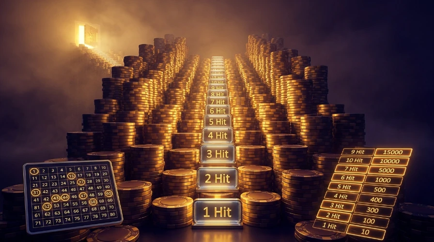Staircase of chip stacks rising toward a golden vault beside a keno board, showing how keno payouts grow with each hit