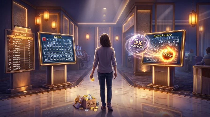 Player at a fork between a classic keno board and a bonus keno board with a multiplier ball, choosing which keno game to try first